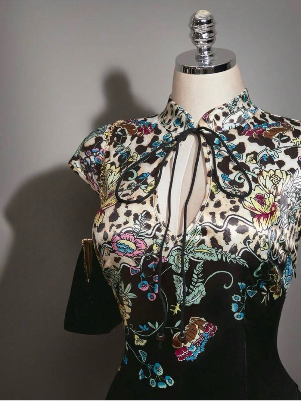 SHEIN Black Floral Mandarin Collar Mini Dress 0XL - Picture 3 of 4
